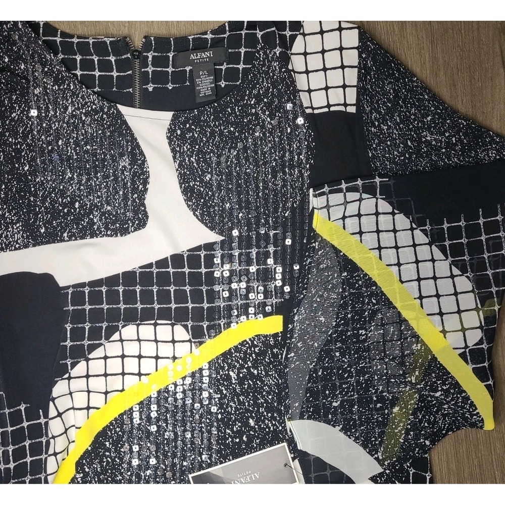 Alfani‎ Petite Large Abstract Sequin Blouse Black White Yellow NWT